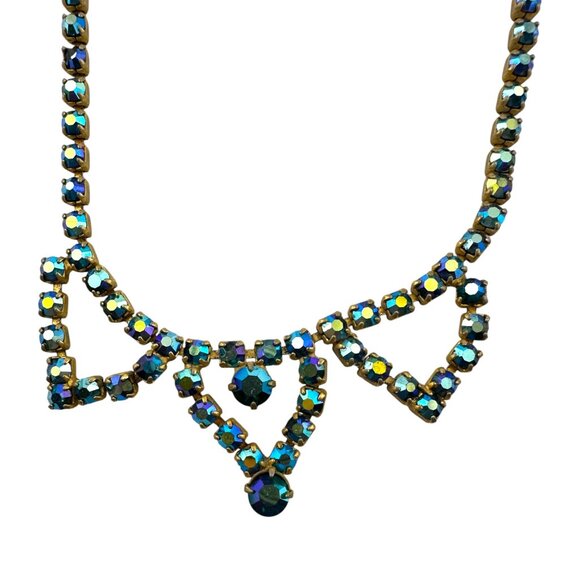 Vintage Blue Aurora Borealis Rhinestone Necklace Triple Triangle Necklace - Picture 4 of 11